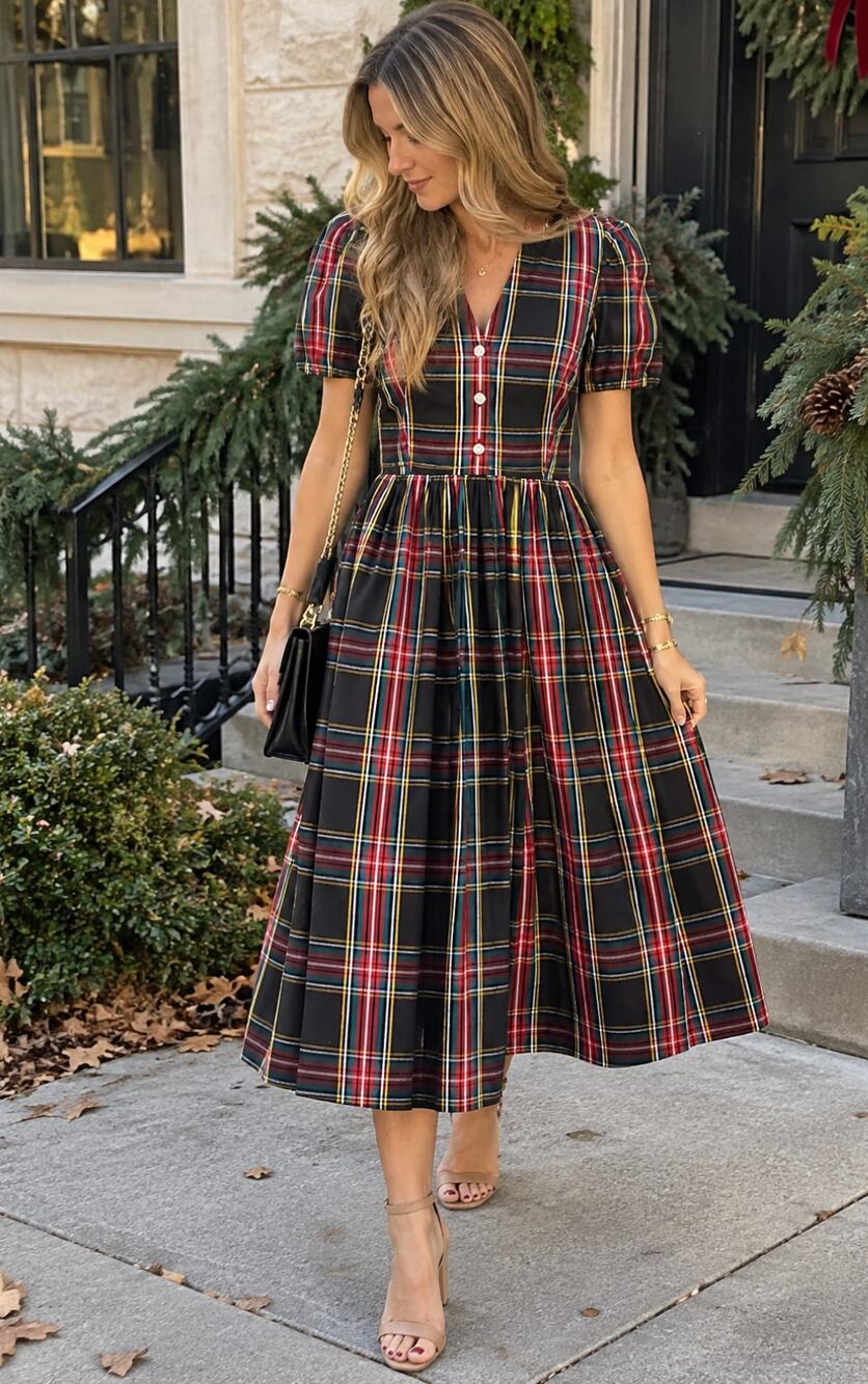 J. CREW Stewart Tartan Puff Seeve Midi Dress in Black Plaid Size 00 NEW